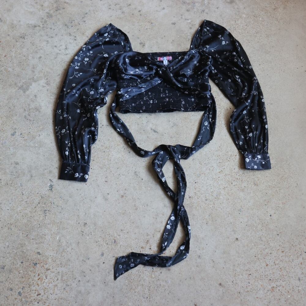 Urban Outfitters Black Floral Silky Smocked Off Shoulder Tie Wrap Top M